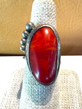 Sterling Silver With Red Stone & Raindrop Design Authentic  Navajo Ring -Vintage